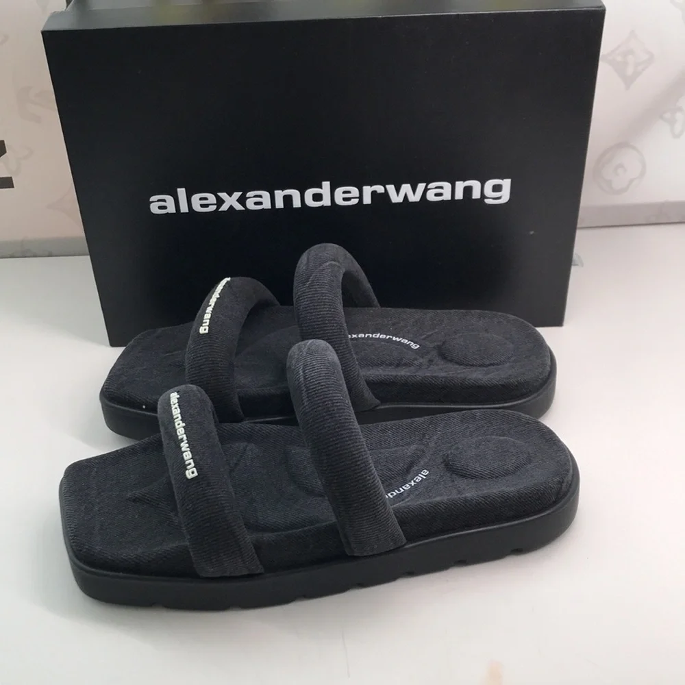 New Authentic Alexander Wang Women’s Jay Flatform Slides – Grey Denim